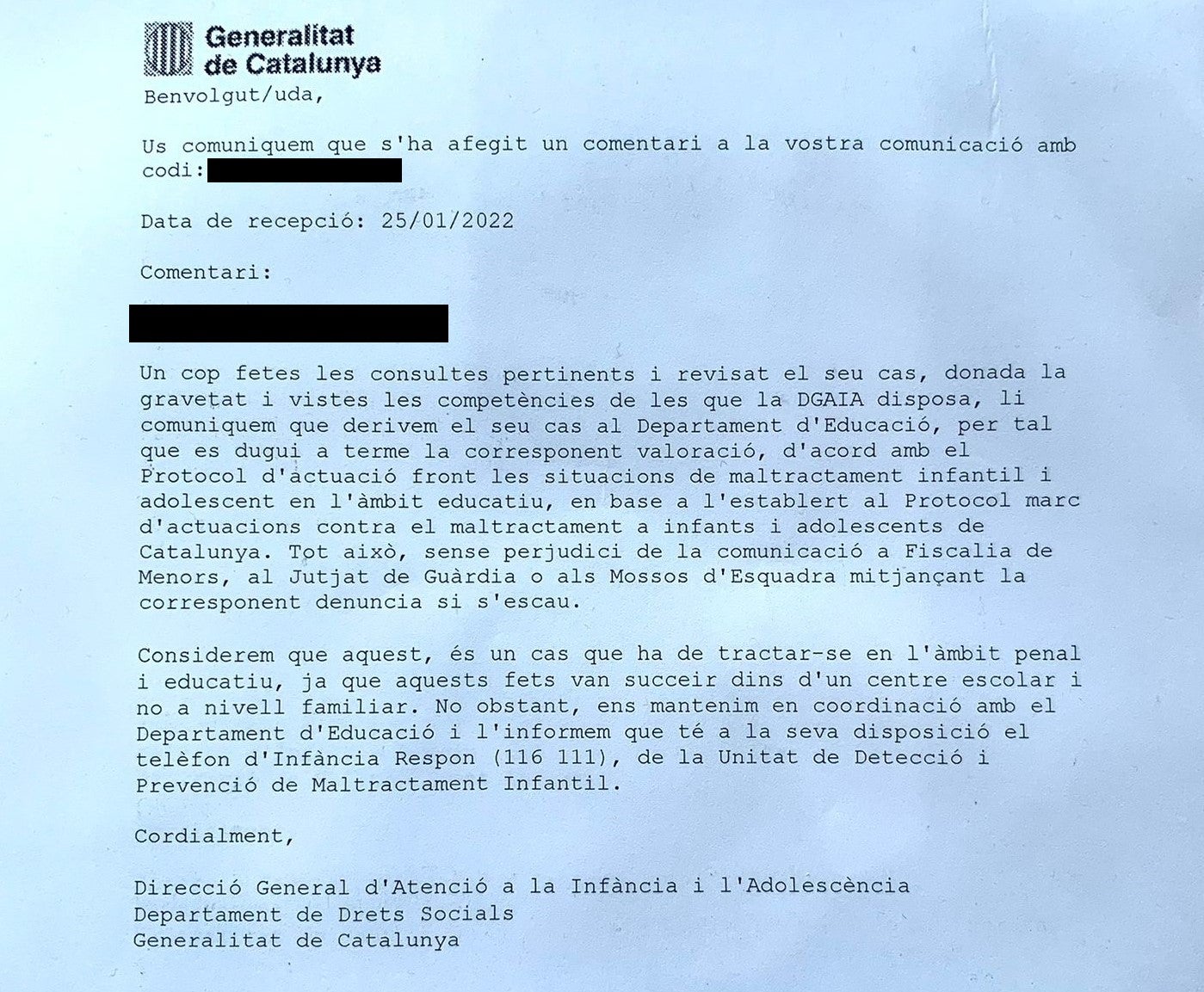 La resposta de la DGAIA a la denúncia d'una família per la detecció de lladelles en tres alumnes de l'escola Manyanet de Sant Andreu / Cedida