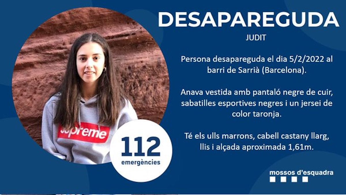 Localitzada el 10 de febrer de 2022 la Judit a Mataró, una jove desapareguda a Sarrià el 5 de febrer / Mossos d'Esquadra