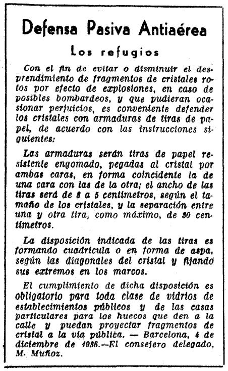 Anunci publicat el 1936 a La Vanguardia que ordenava reforçar els vidres amb tires ahesives davant del risc de bombardeig