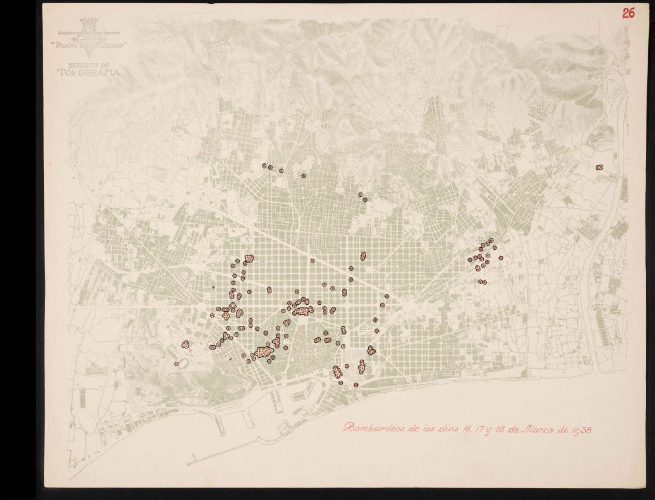 Plànol de Barcelona que identifica els punts on l'aviació italiana van llançar les bombes el 16, 17 i 18 de març de 1938 / Arxiu Municipal de Barcelona