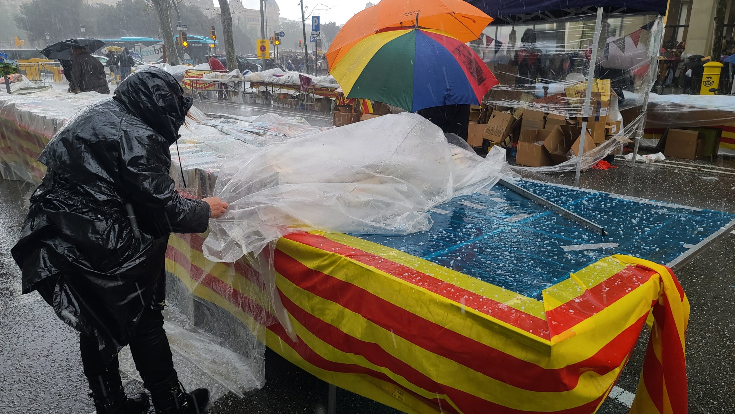 Una llibretera tracta de tapar amb plàstics els llibres que té desplegats a una paradeta del passeig de Gràcia de Barcelona durant el Sant Jordi de 2022, mentre cau una forta pedregada / Edgar Sapiña Manchado