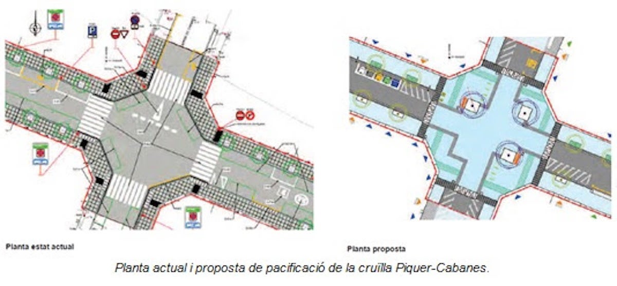 Planta actual i proposta de pacificació de la cruïlla Piquer-Cabanes / Ajuntament de Barcelona