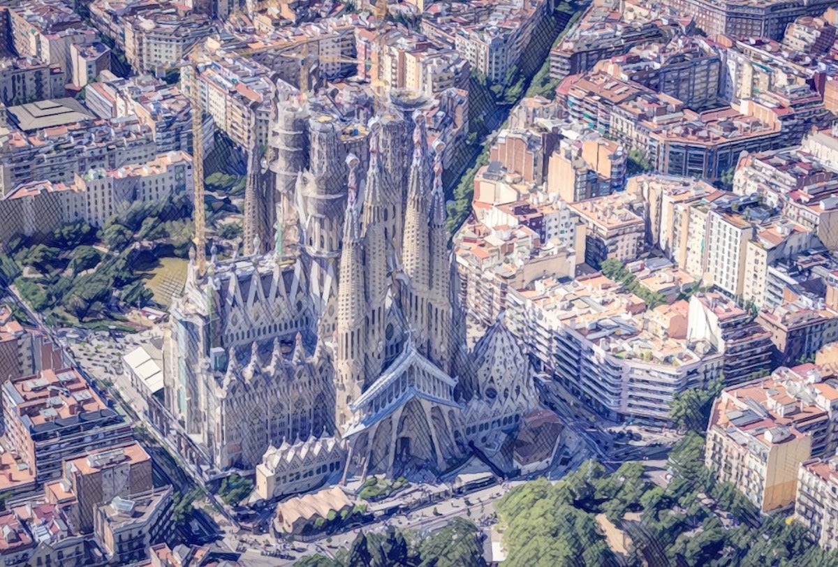Vista de la Sagrada Família, amb un error introduït: què és incorrecte? / Imatge pública passada pel filtre artístic del dissenyador Jordi Català