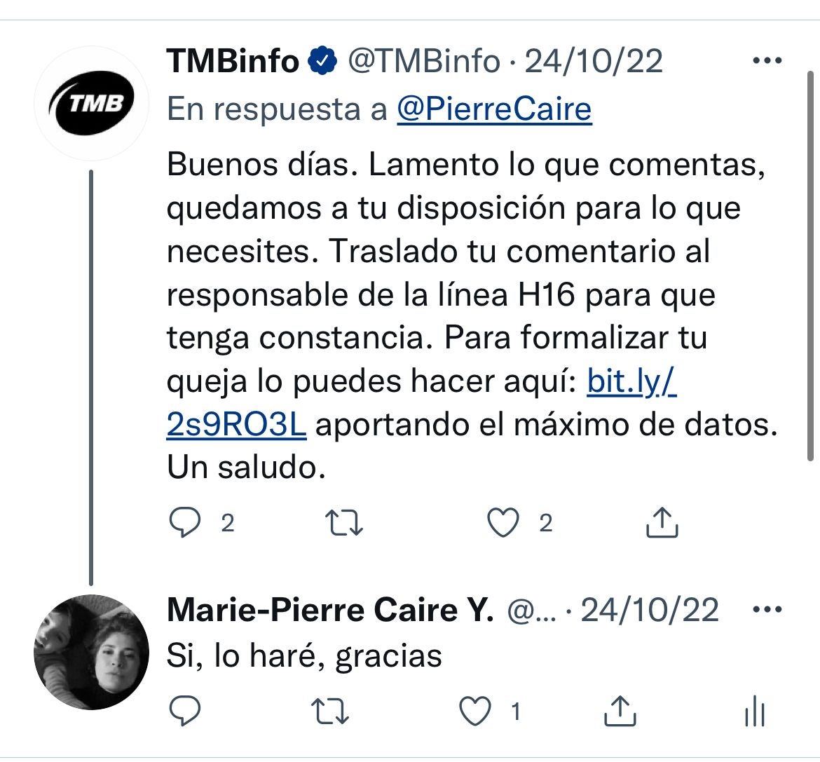 Captura de pantalla de Twitter de la reclamació feta a TMB després de l'accident del nen / Twitter Maria-Pierre Caire