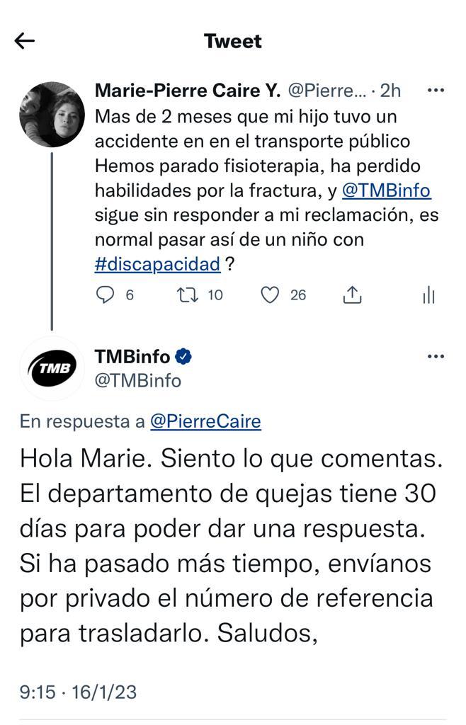 Captura de pantalla de Twitter de la reclamació feta a TMB gairebé tres mesos després de l'accident del nen / Twitter Maria-Pierre Caire