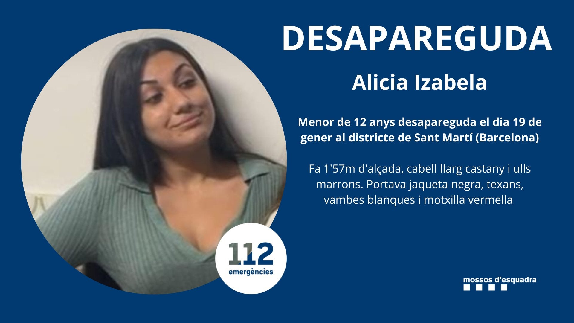 L'Alicia Izabela va ser vista per últim cop aquest dijous 19 de gener al districte de Sant Martí / Mossos d'Esquadra