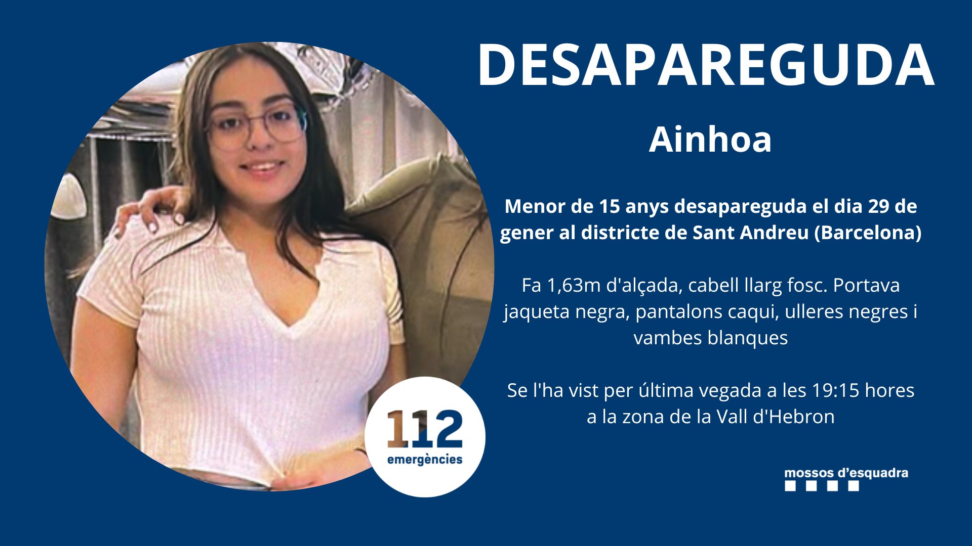 La imatge de l'Ainhoa que els Mossos han publicat a Twitter / Mossos d'Esquadra