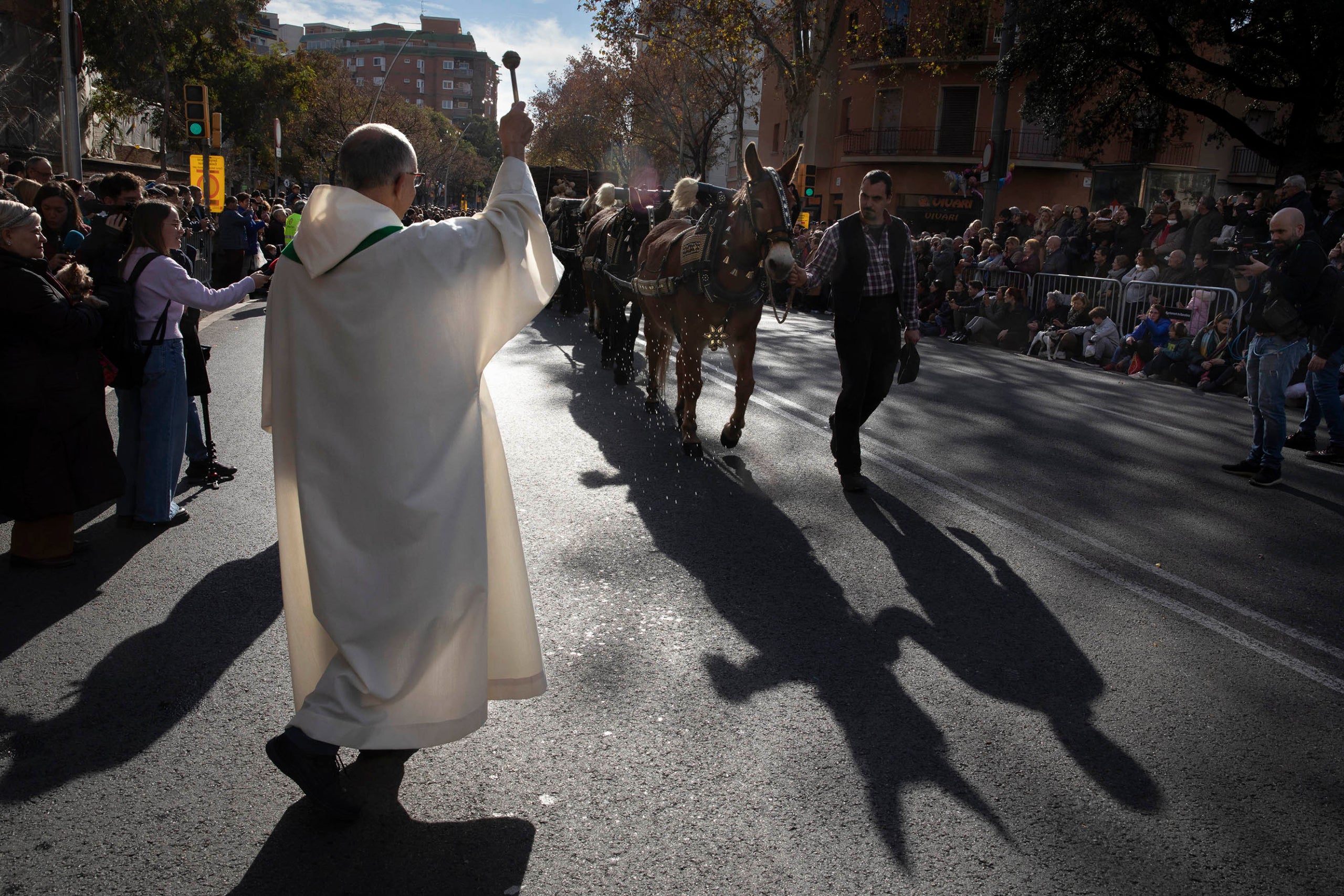 Els Tres Tombs a Sant Andreu per Sant Antoni. Benedicció d' animals de companyia. capellà, mossèn, religió,
