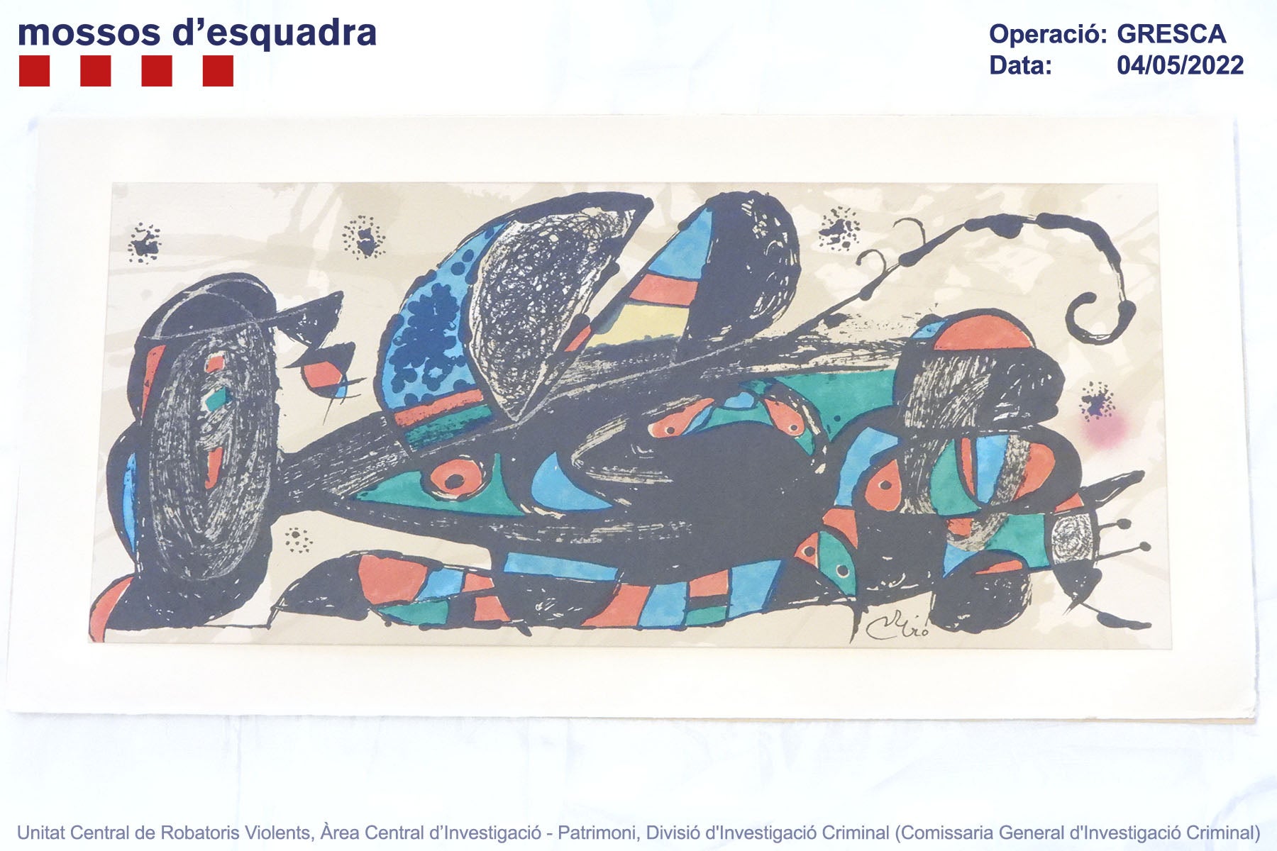 Una de les obres gràfiques atribuïdes a Joan Miró que van ser recuperades pels Mossos d'Esquadra / Mossos