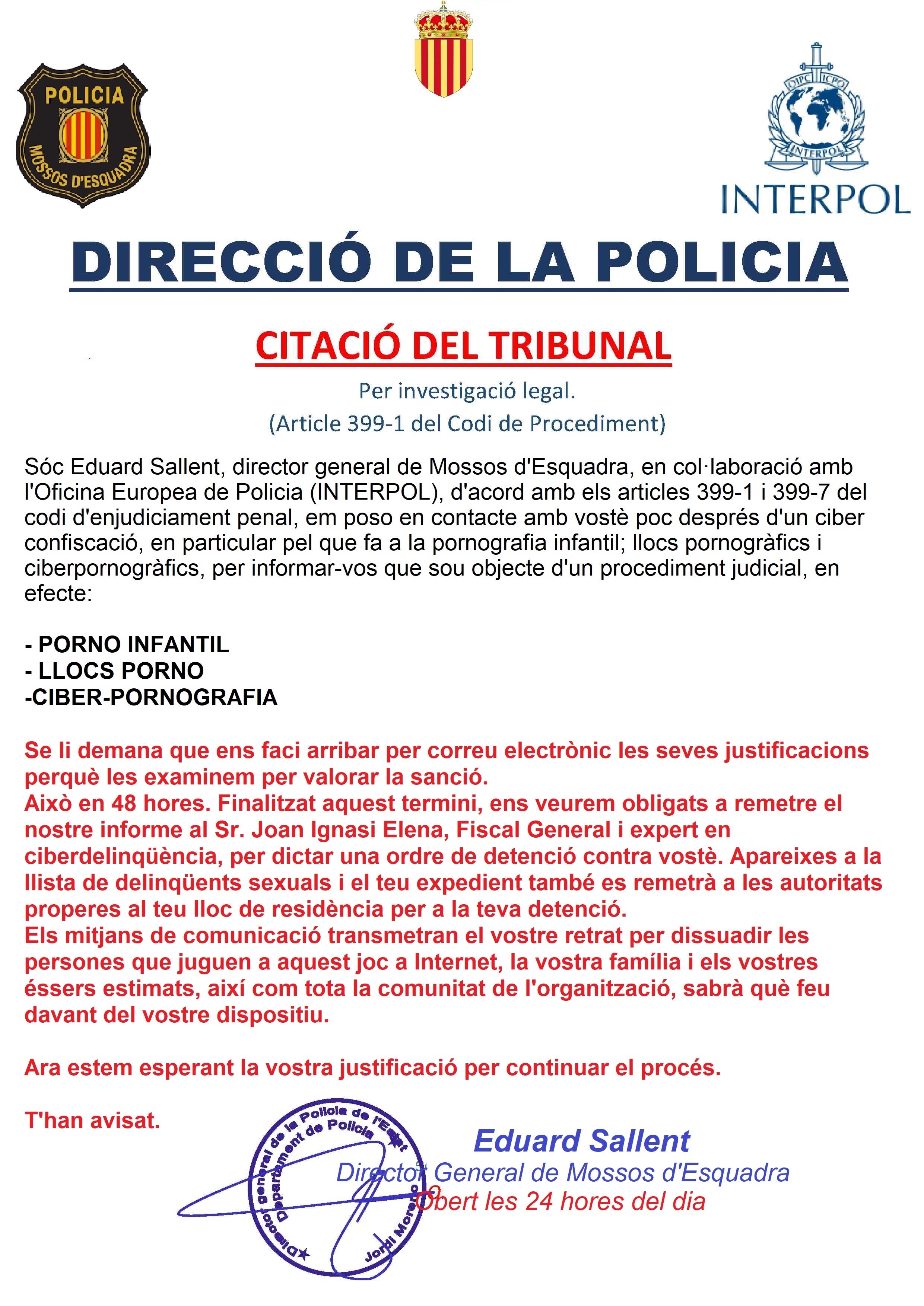 Exemple de la falsa citació judicial enviada pels estafadors / Mossos d'Esquadra