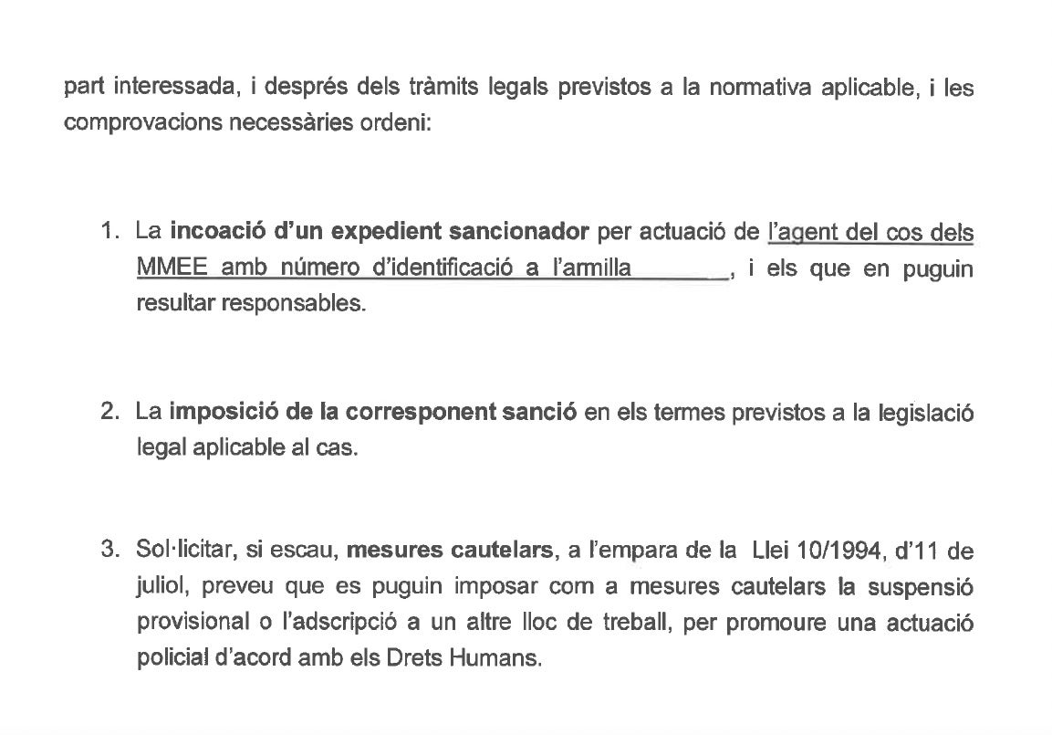 Part final de la denúncia amb la petició d'apartar el servei a l'agent de la Brimo/Quico Sallés