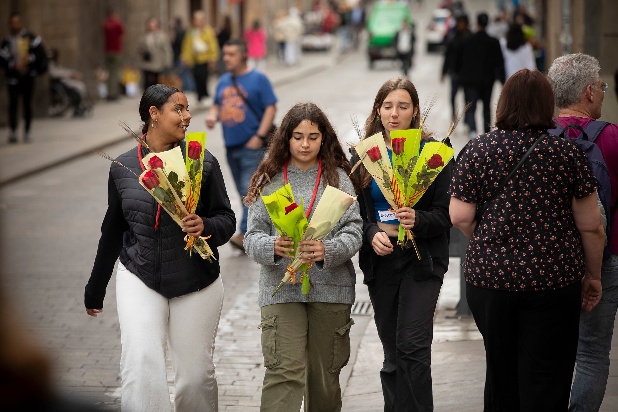 Diada de Sant Jordi al centre de Barcelona. roses, rosa amor,