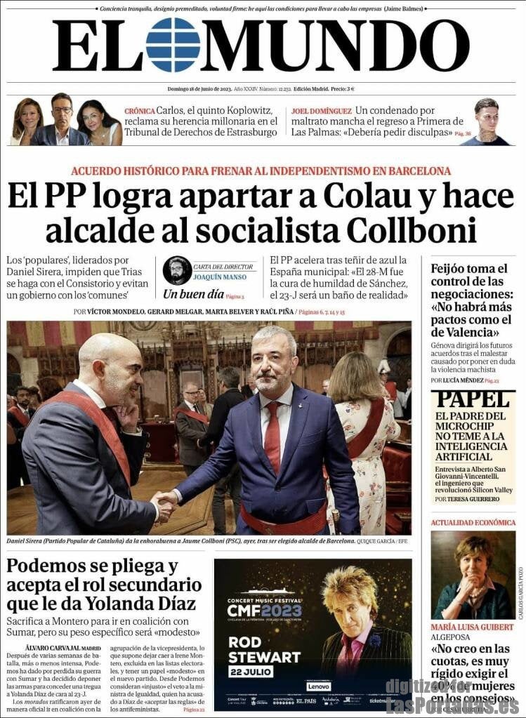 La portada del diari El Mundo d'aquest diumenge 