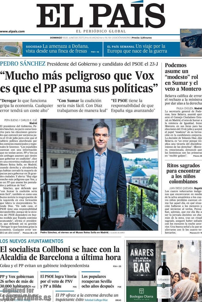 El president del Govern de l'Estat, Pedri Sànchez, al centre de la portada de El País 