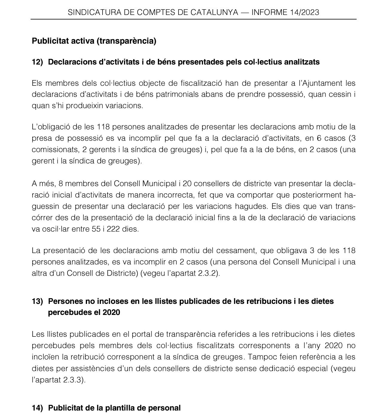 Part de l'informe de la Sindicatura que critica els sous dels gerents de l'Ajuntament de Barcelona/QS