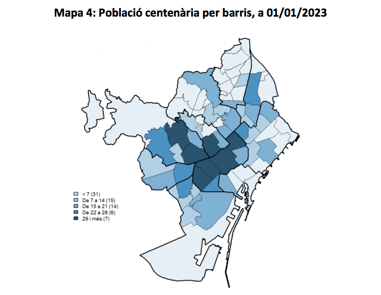 Mapa de la població centenària per barris | Padró municipal 2023 