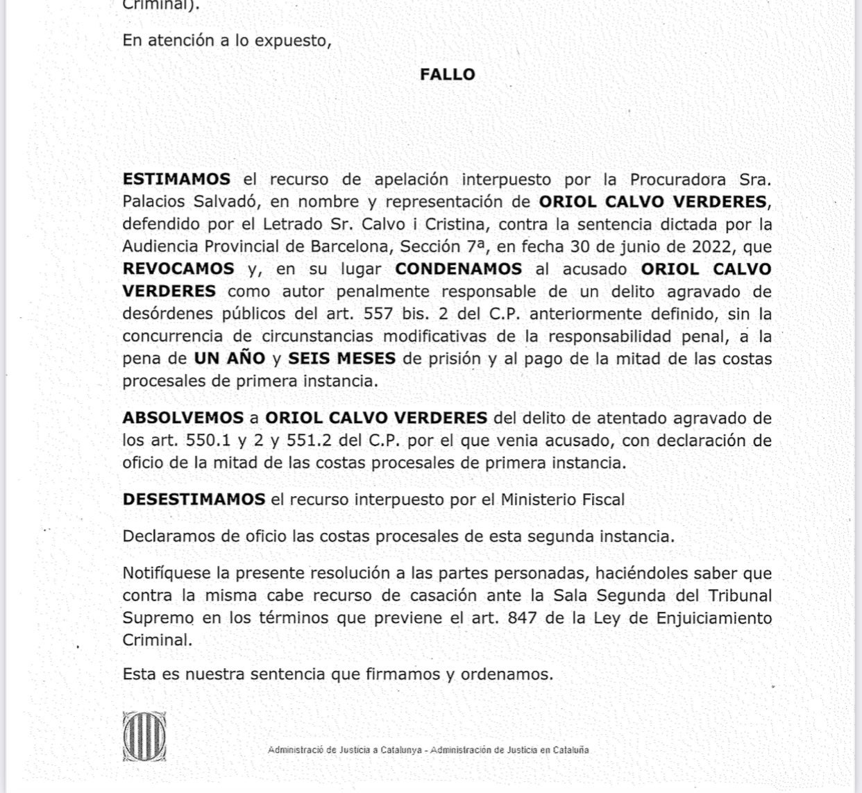 Part dispositiva de la sentència del TSJC que estima el recurs de Cuevillas en el cas Calvo
