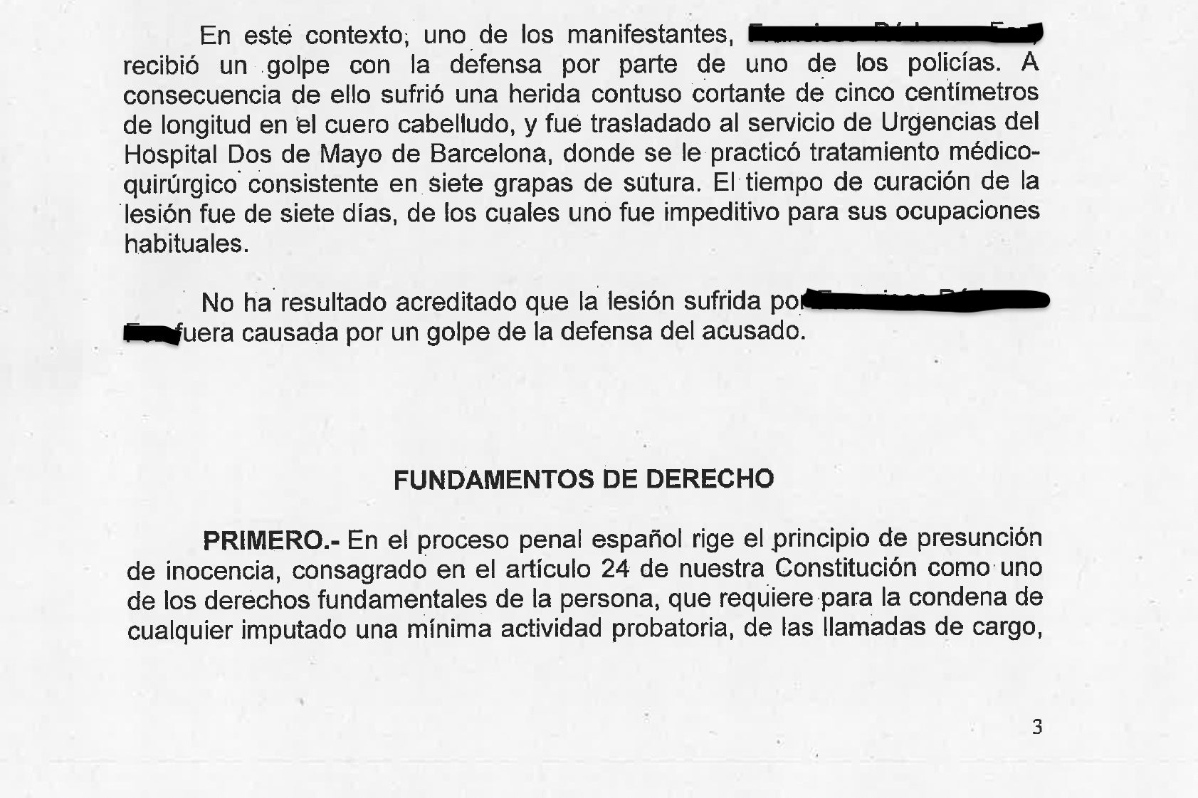 Part de la sentència que absolt el mosso de l'Arro per obrir el cap a un manifestant/QS