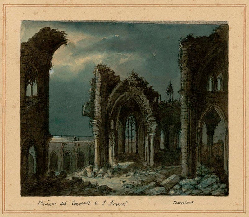 El convento de Sant Francesc en escombros durante las tareas del escombro en un dibujo de Josep Mosterin (1830-1860) / Archivo Histórico de la Ciudad de Barcelona