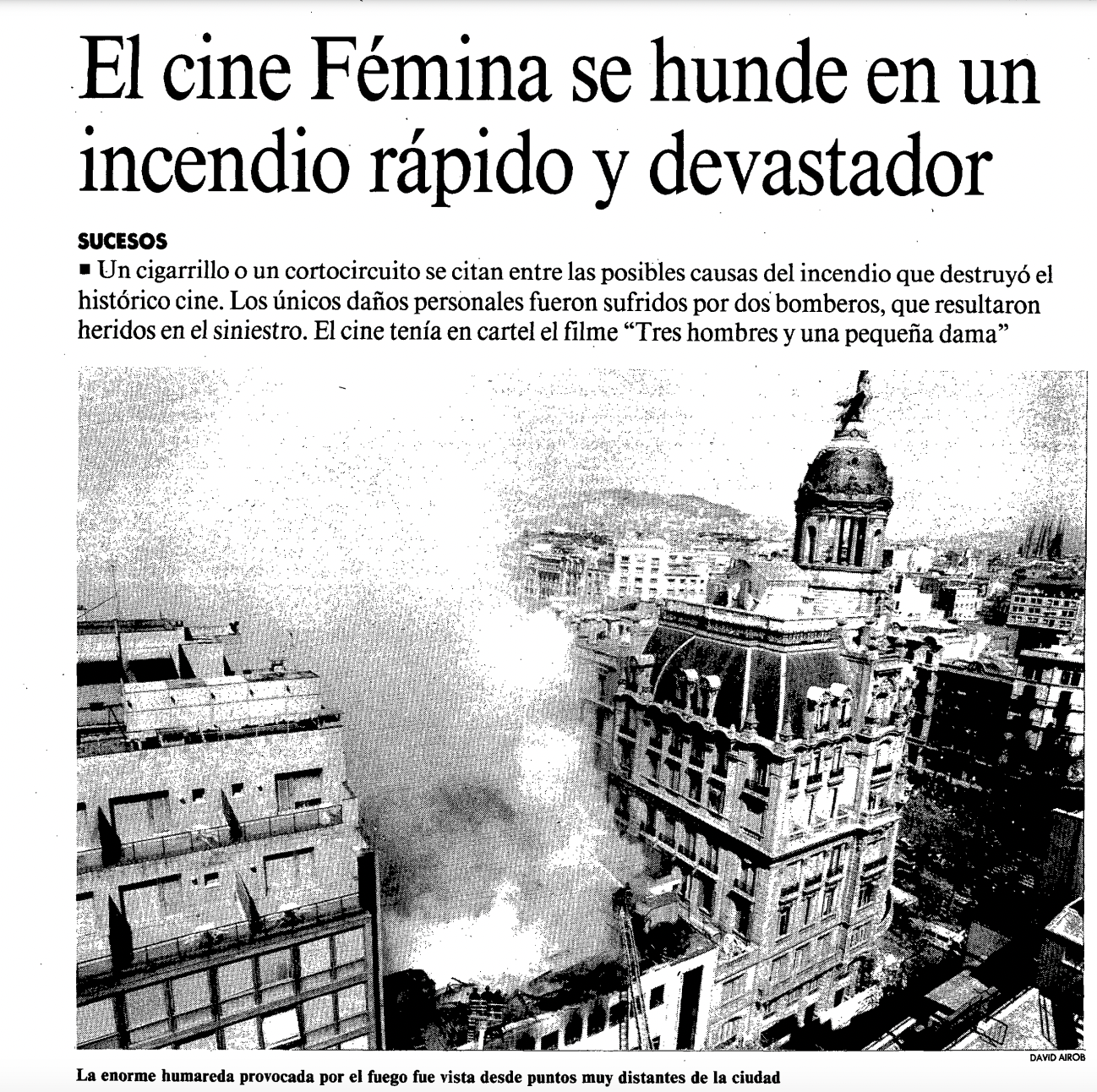 La notícia publicada a La Vanguardia el dilluns 8 d'abril del 1991 sobre l'incendi del cine Fémina / Hemeroteca de La Vanguardia