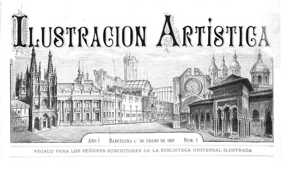 Il·lustració fictícia on surt l'edifici d'Institucions Provincials d'Instrucció Pública de Domènech i Montaner i Vilaseca / Institucions Provincials. Fons: Lluís Domènech i Montaner. Arxiu Històric del Col·legi d'Arquitectes de Catalunya