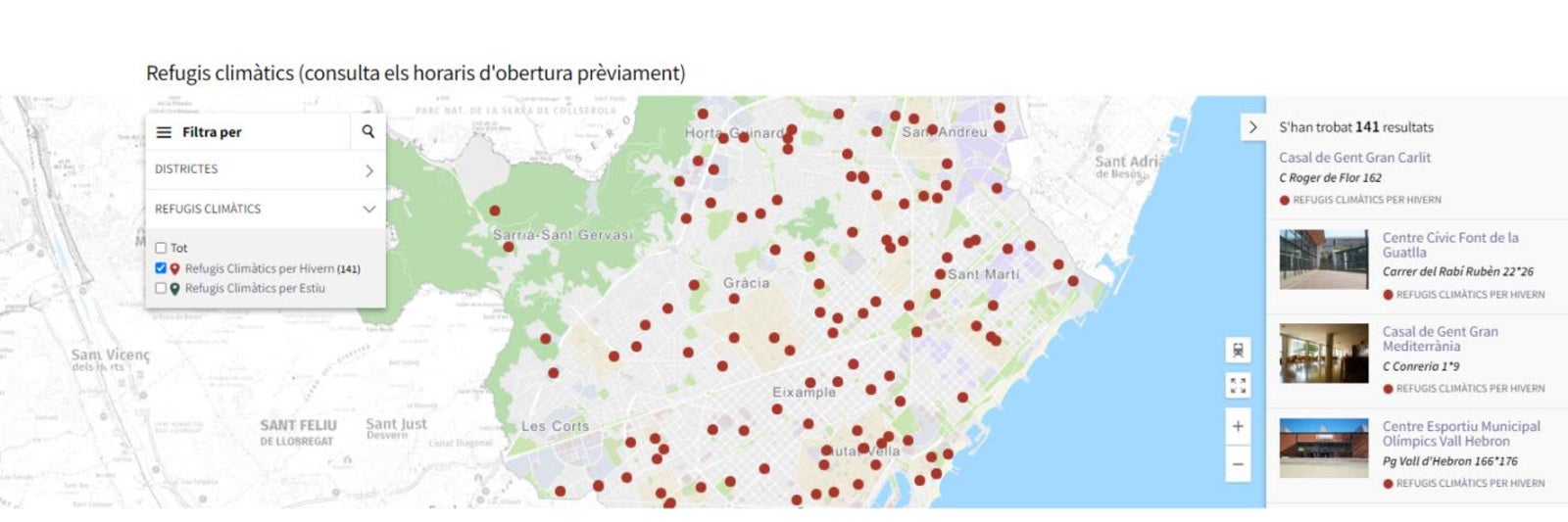 El mapa de los refugios cliàtics de invierno de Barcleona / Ayuntamiento