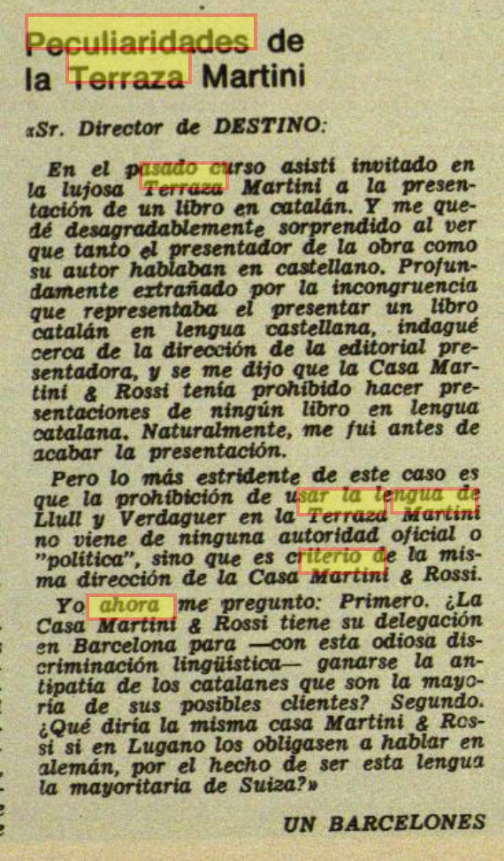 La carta d'un lector dirigida al director de la revista Destino on s'explica la problemàtica lingüística a la Terraza Martini / Arxiu de Revistes Catalanes Antigues (ARCA)