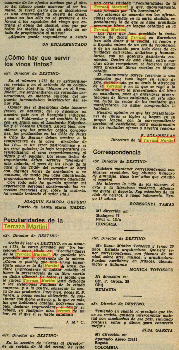 La doble resposta que va rebre a la revista Destino la carta del lector on s'explica la problemàtica lingüística a la Terraza Martini / Arxiu de Revistes Catalanes Antigues (ARCA)