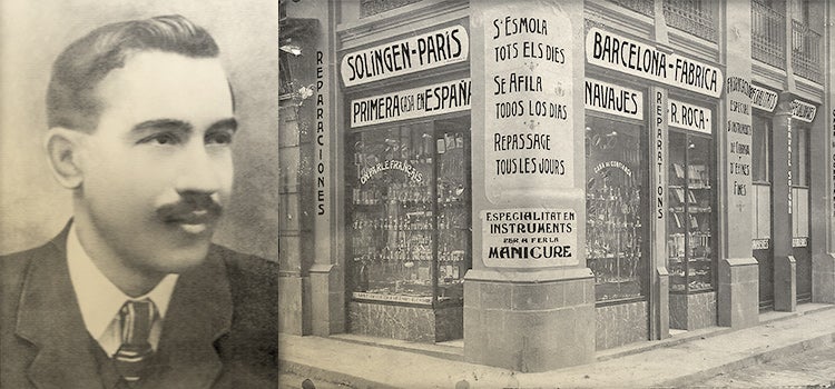 Montaje de una fotografía del fundador de la Cuchillería Roca, Ramon Roca, y una imagen antigua del primero de los establecimientos / Cuchillería Roca