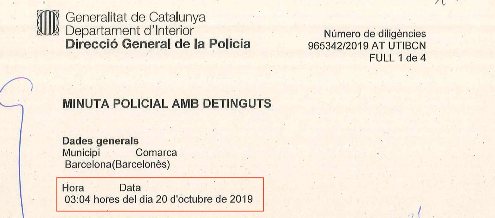 La minuta policial dels fets del 20 d'octubre i no pas del 19, com diu el comunicat/Quico Sallés