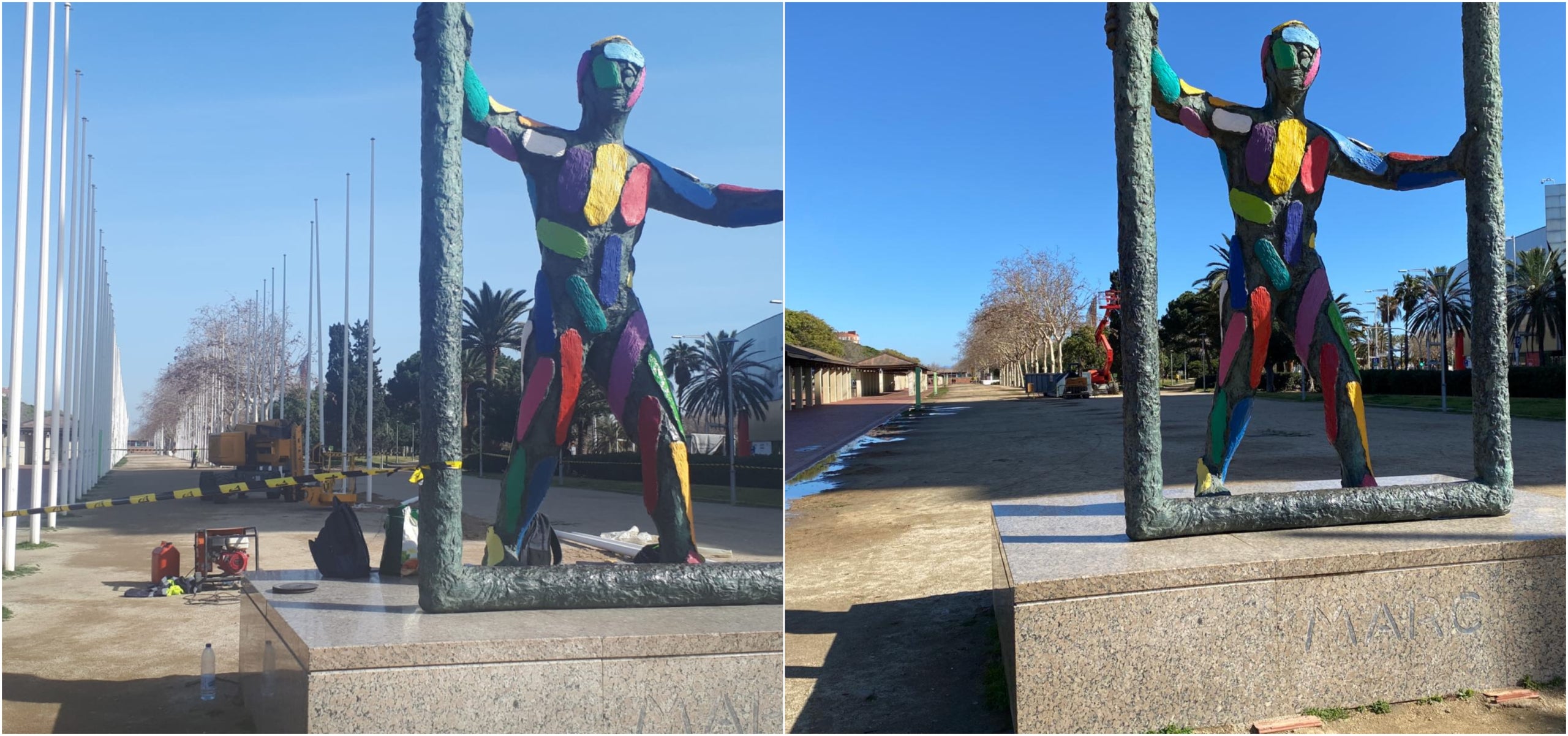 A l'esquerra, el parc del Port Olímpic, amb els pals de les banderes olímpiques; a la dreta, sense ells CEDIDES AVV VILA OLÍMPICA