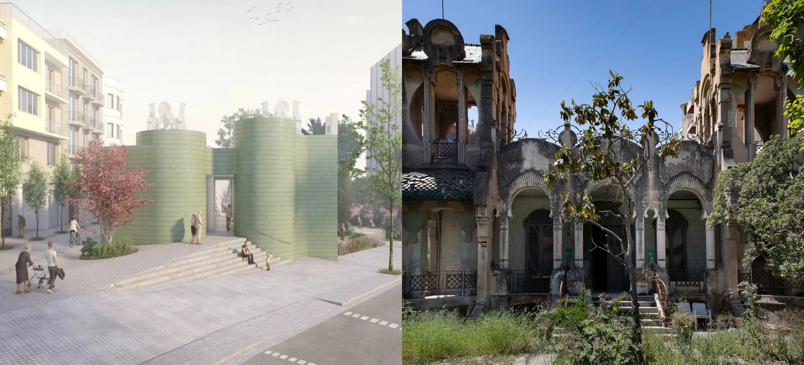 A l'esquerra, render de la porta 'medieval' que es farà a la Casa Tosquella, i a la dreta, una imatge del monument / © UTE Metronom+Solà-Morales i Jordi Play