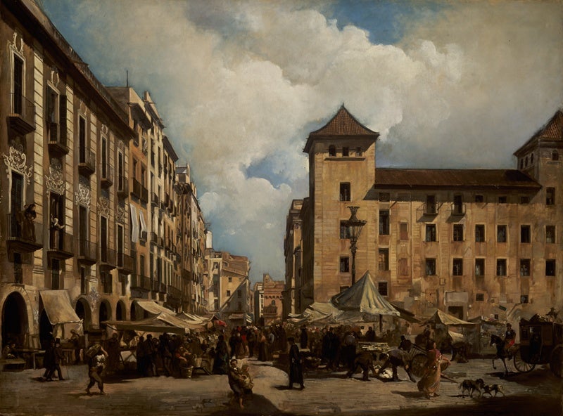 MPC 0387. 'Els Encants Vells a la plaça de sant Sebastià de Barcelona' [pintura sobre tela] Martí i Alsina, Ramon c. 1875