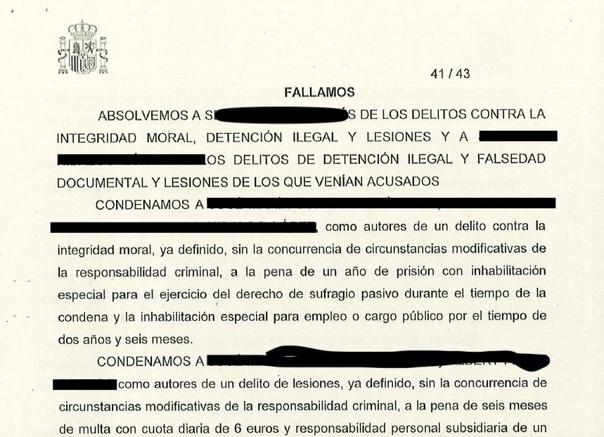 Part dispositiva de la sentència que condemna tres mossos per una detenció il·legal/Quico Sallés