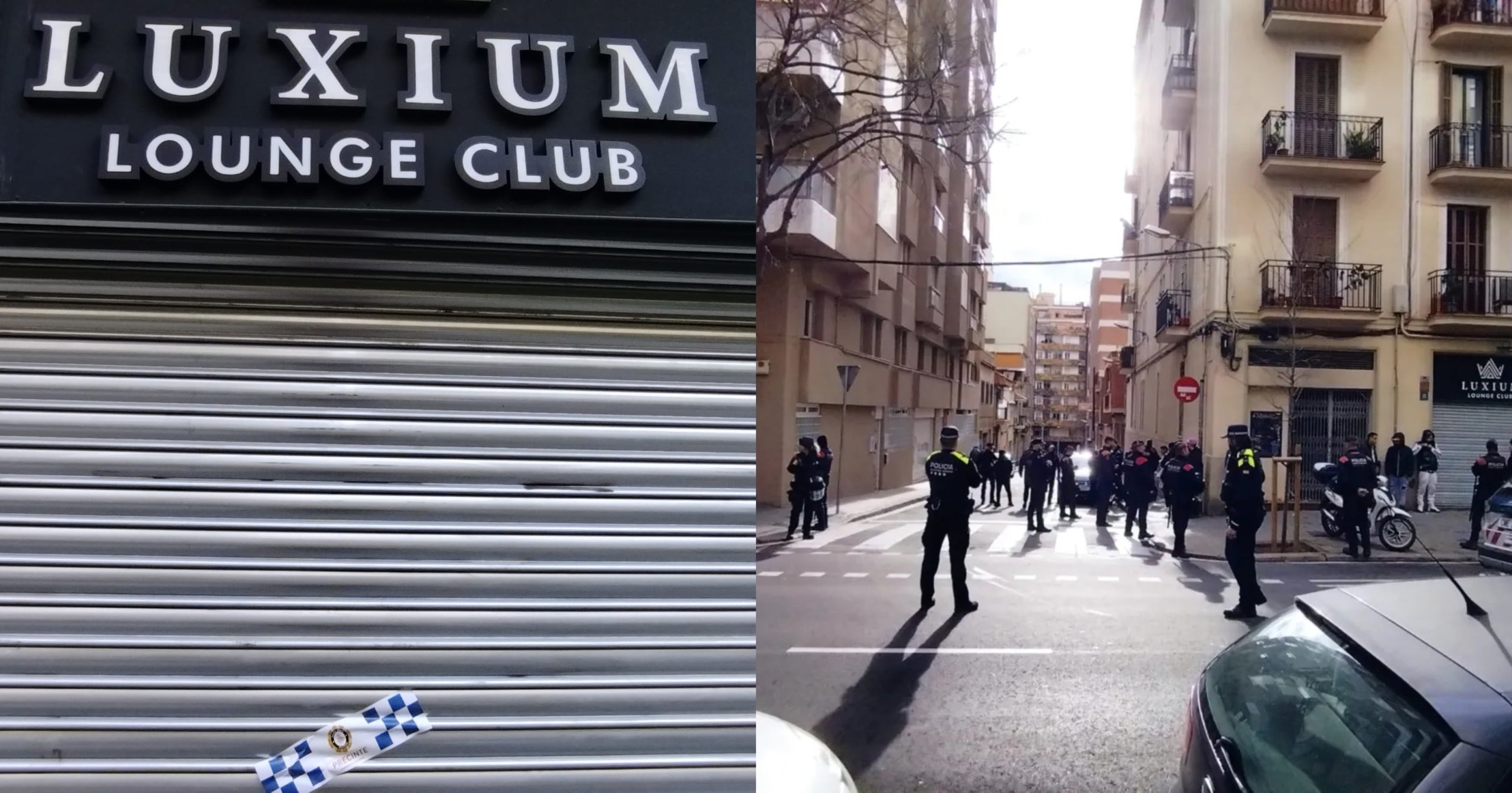 Dos imágenes del 'after' de la calle de Córcega, a la izquierda el precinto, y a la derecha, un dispositivo policial de febrero / JORDI SUBIRANA