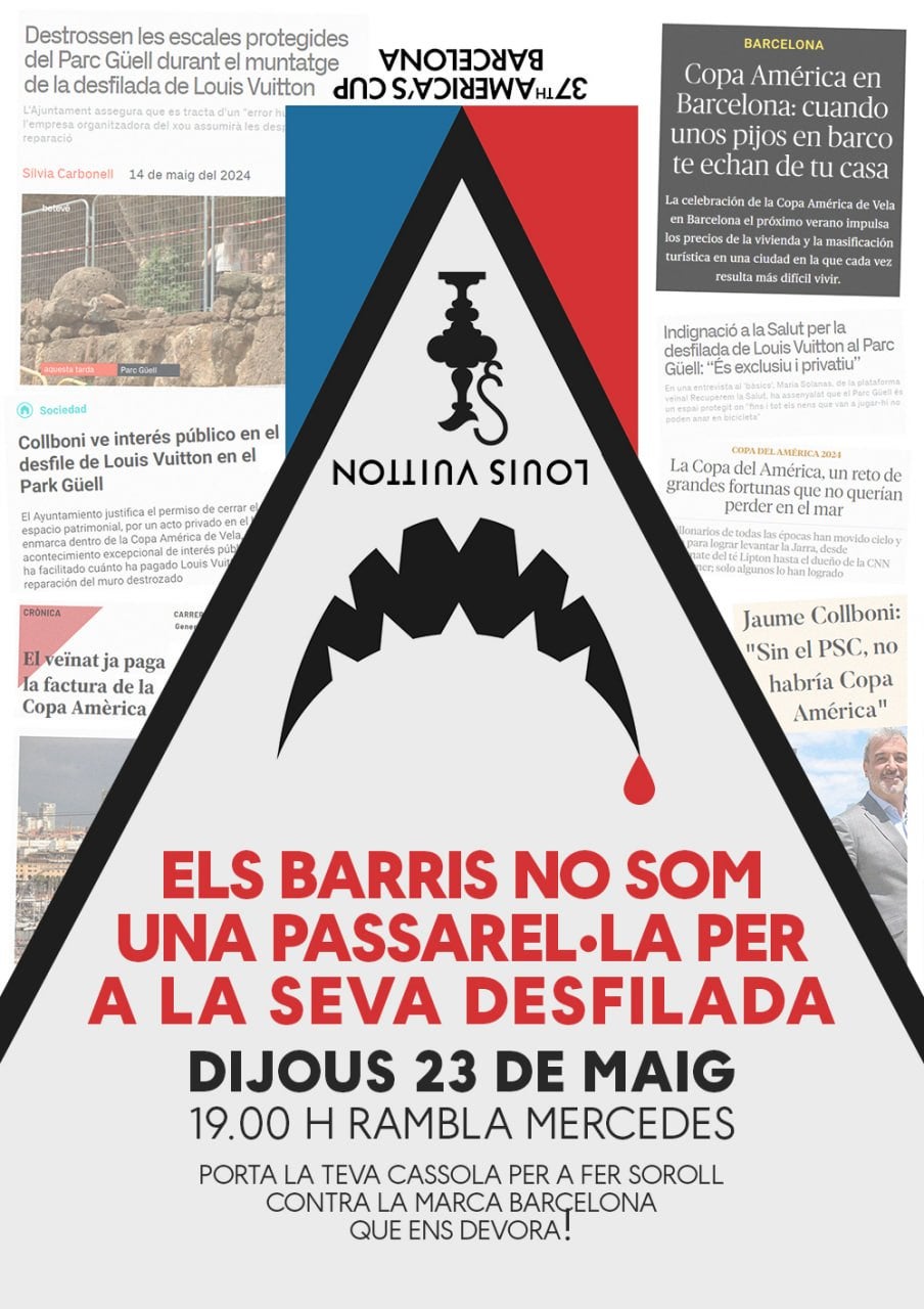Cartell de la manifestació que tindrà lloc el dijous 23 de maig en contra de la desfilada de Louis Vuitton al Park Güell / Cedida