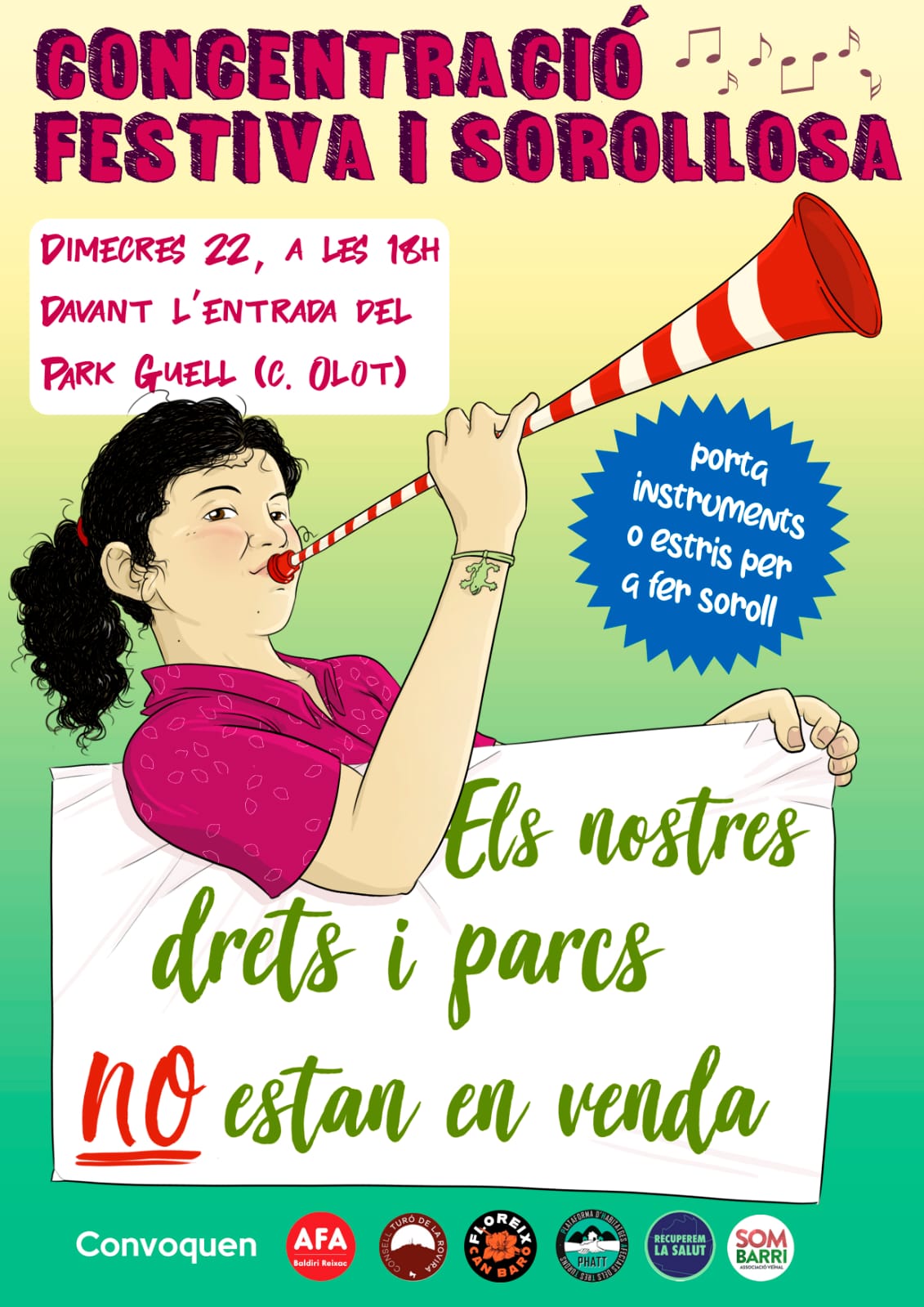 Cartell de la Concentració sorolloso-festiva del dimecres 22 de maig a les portes Park Güell / Cedida