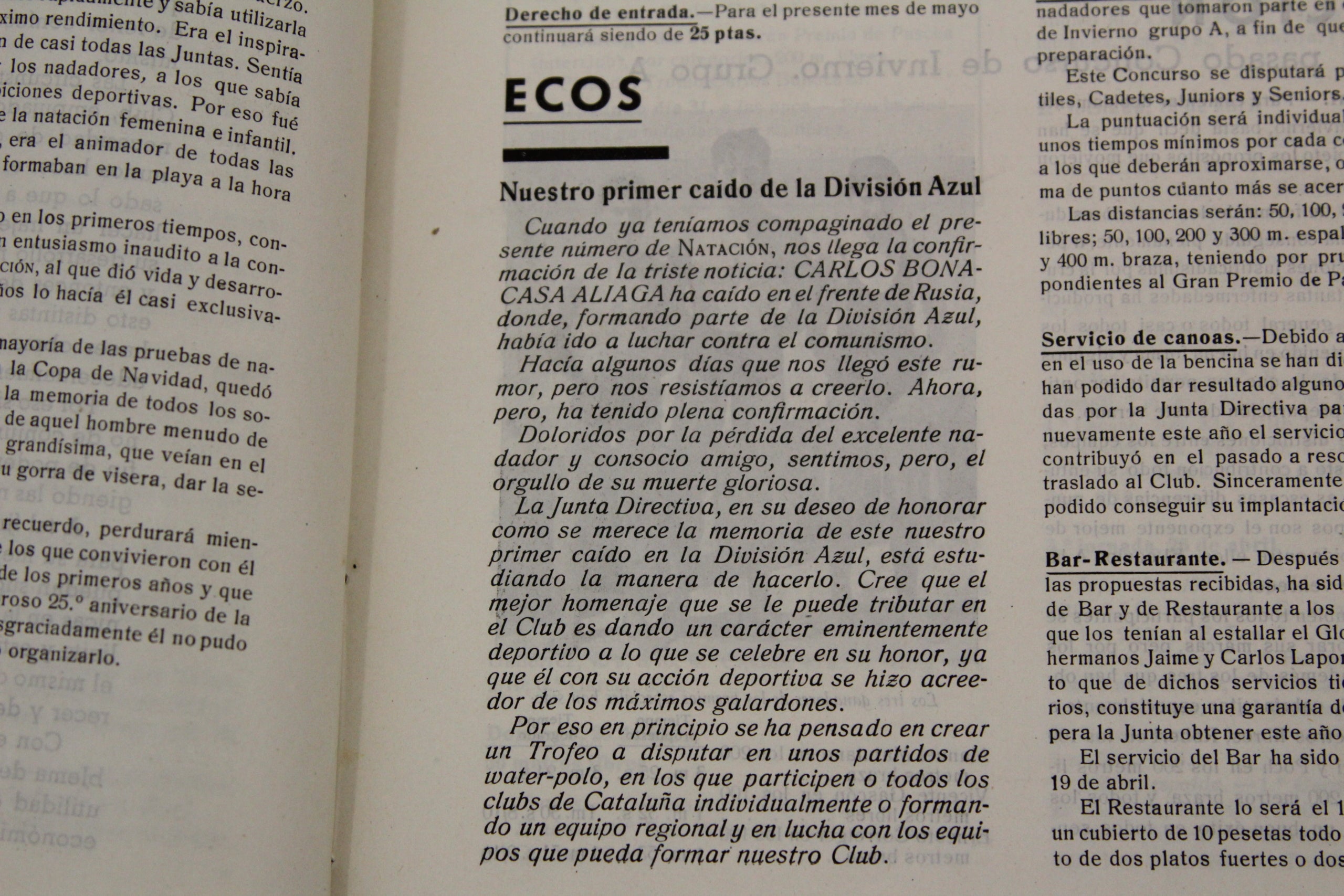 Article en el butlletí del maig del 1942 on s'anuncia la mort de Carles Bonacasa Aliaga a Rússia / Arxiu del CN Barcelona
