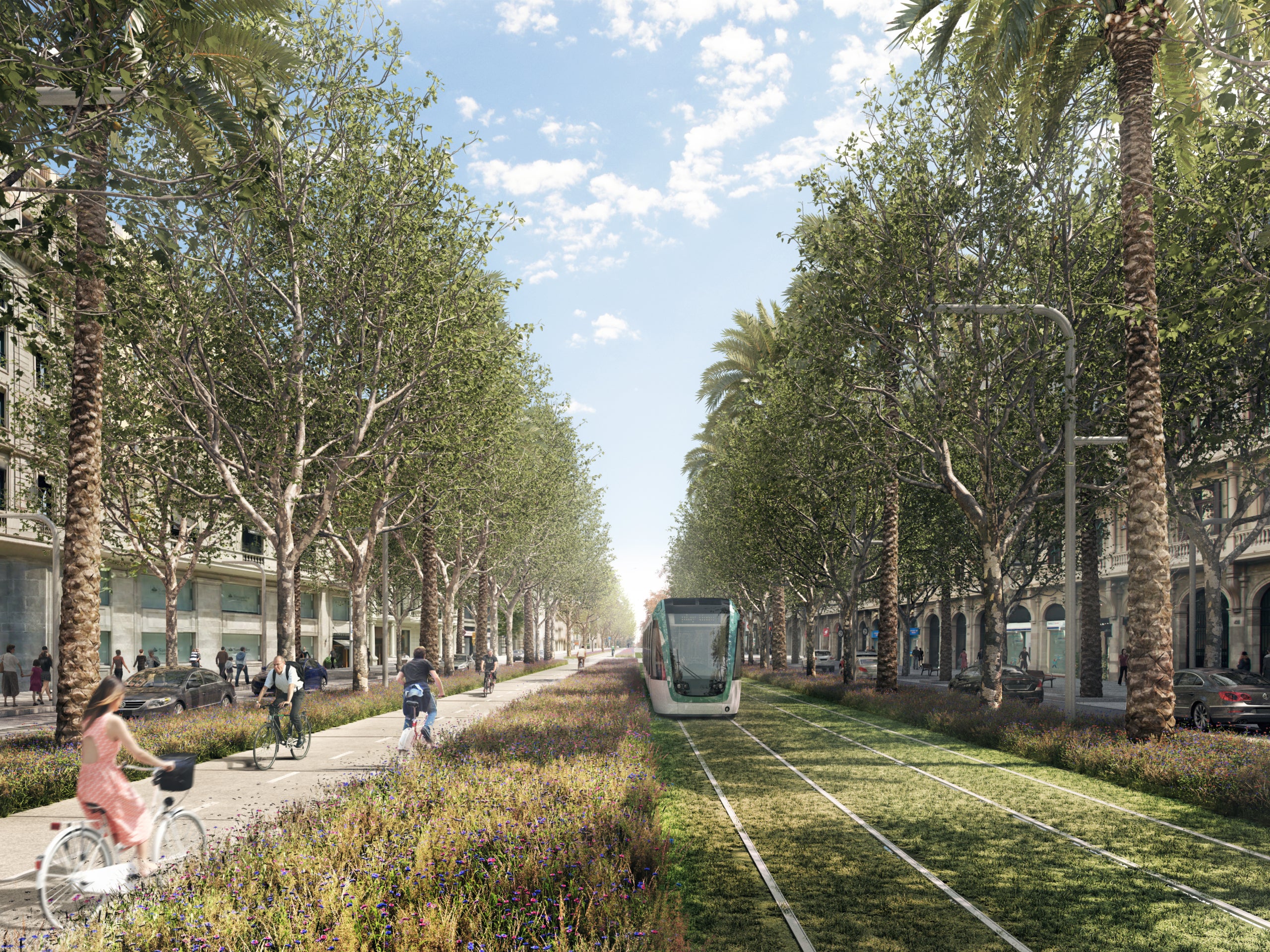 Render del tramvia, al seu pas per Diagonal amb Muntaner / Ajuntament de Barcelona