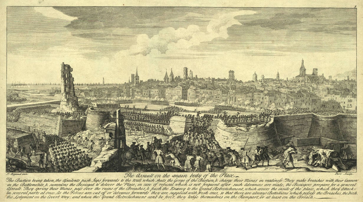 Assalt final a la ciutat de Barcelona l'11 de setembre de 1714. Jacques Rigaud (1680–1754) / Parr / Bowles - Institut Cartogràfic de Catalunya