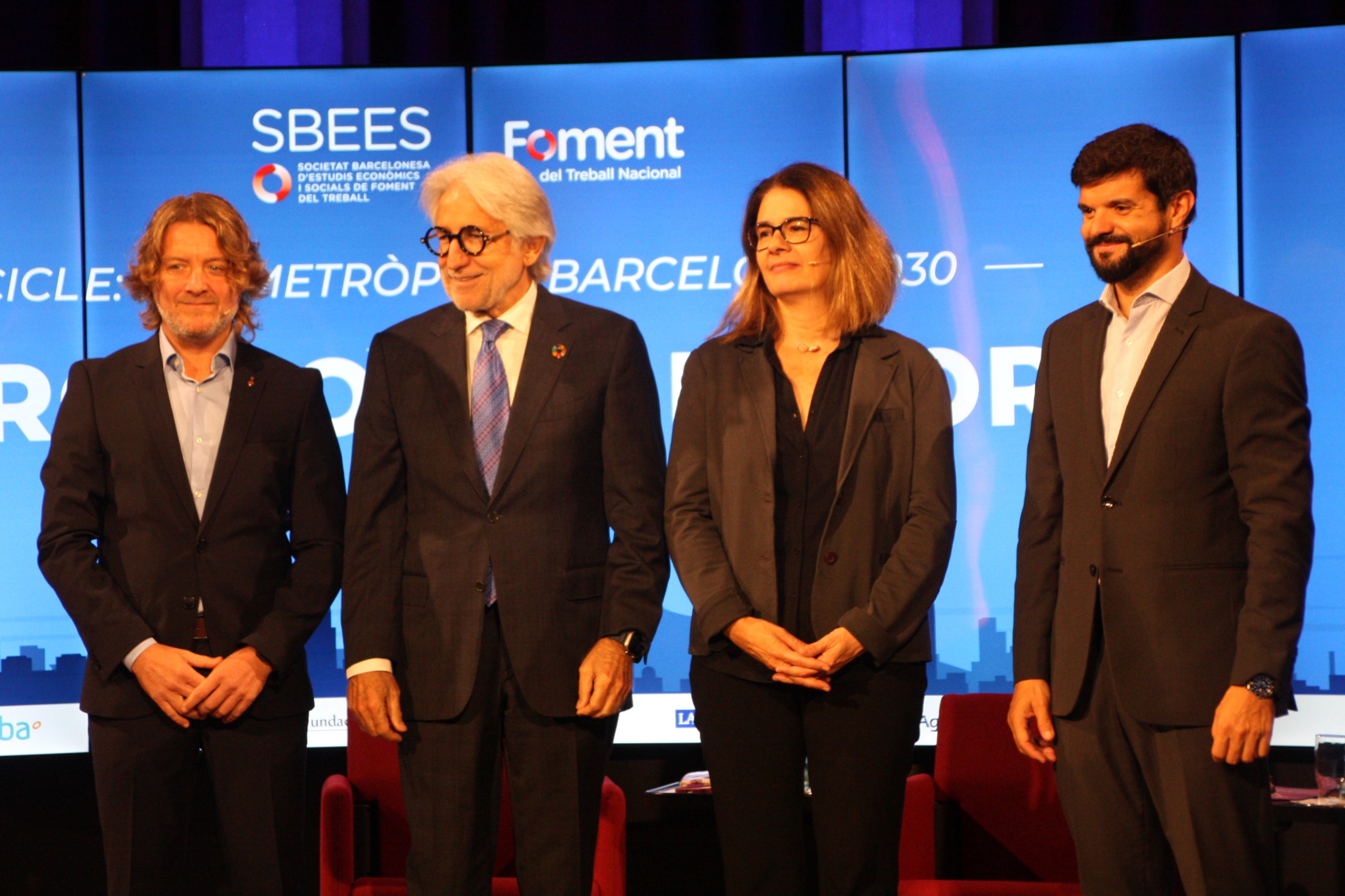 El regidor d'Esports de l'Ajuntament de Barcelona, David Escudé; el president de Foment del Treball, Josep Sánchez Llibre; la periodista Glòria Marín i el president de la Unió de Federacions Esportives de Catalunya, Gerard Esteva | Martí Pernía (ACN)