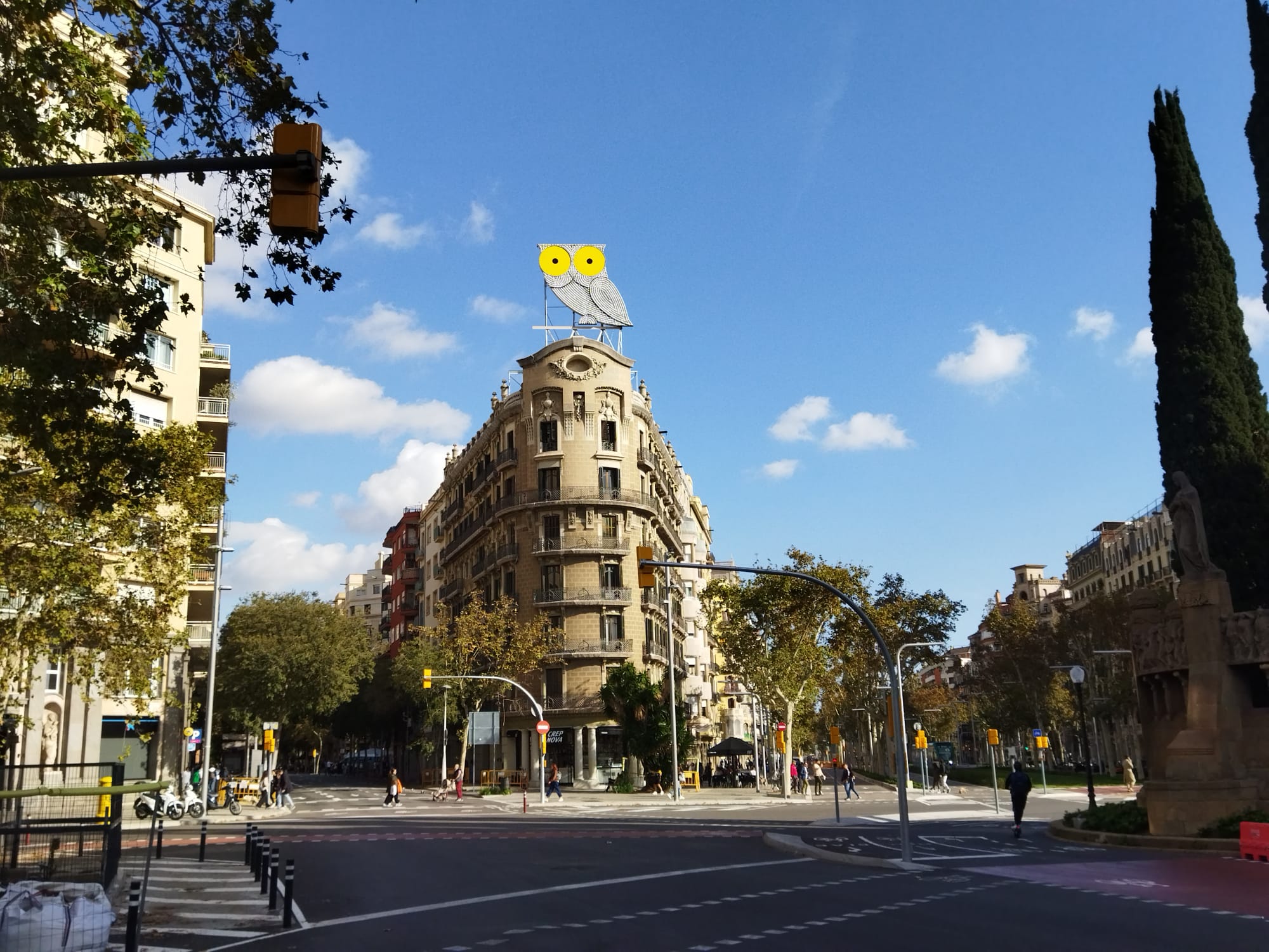 El mussol de la Diagonal, a mitjans de novembre, amb el tramvia inaugurat / Jordi Subirana