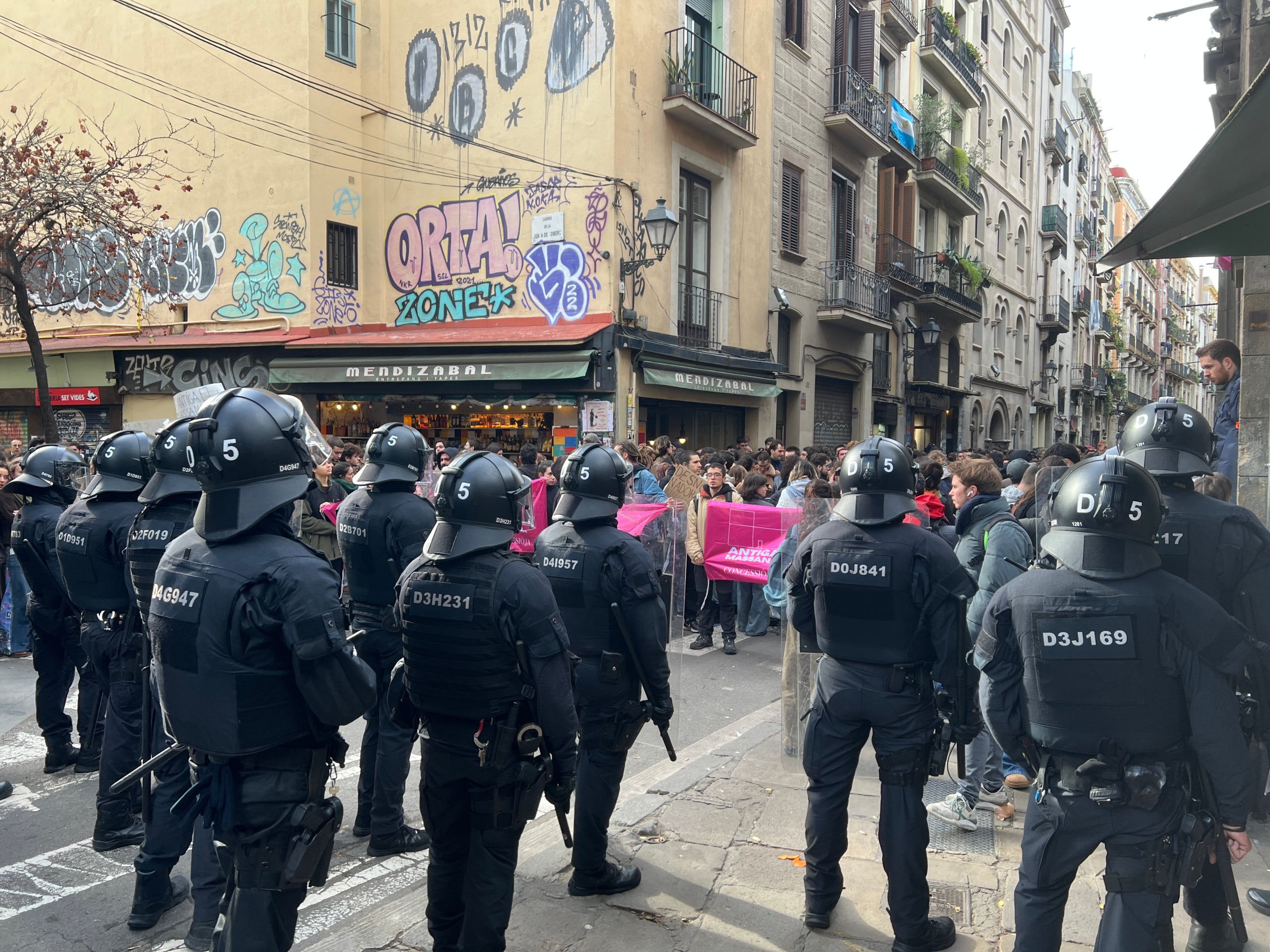 Línia policial antiavalots dels Mossos d'Esquadra que impedeix l'accés a l'Antiga Massana als manifestants concentrats contra el desallotjament / Laura Fíguls (ACN)