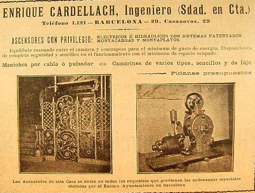 Anunci de l'antiga empresa ascensors Cardellach on figura l'adreça de la fàbrica i les oficines al carrer de Casanova / Museu d'Història de Catalunya