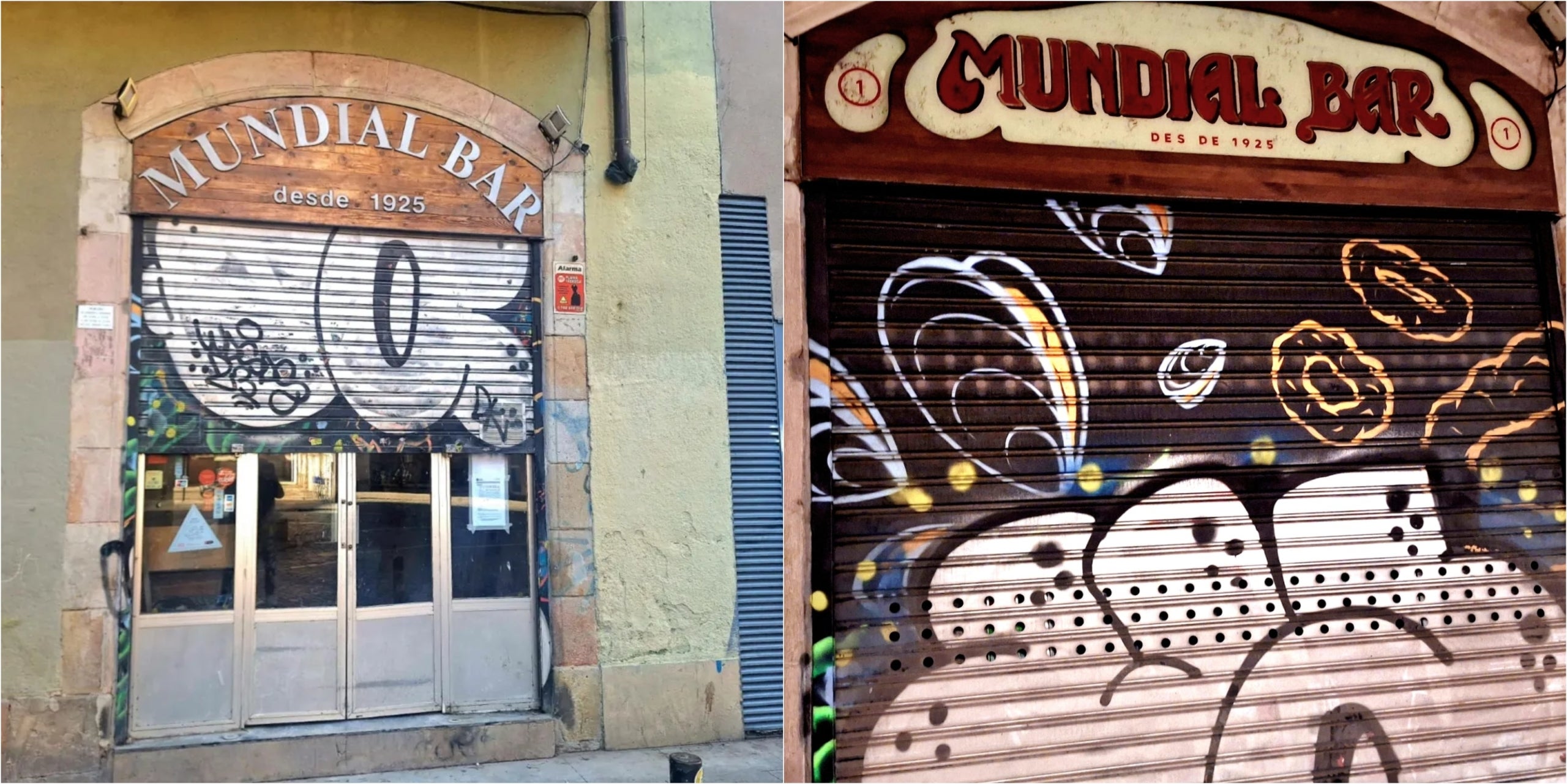 El rètol antic i el nou, inspirat en l'original, del bar Mundial / Imatges cedides per Alberto Mejías