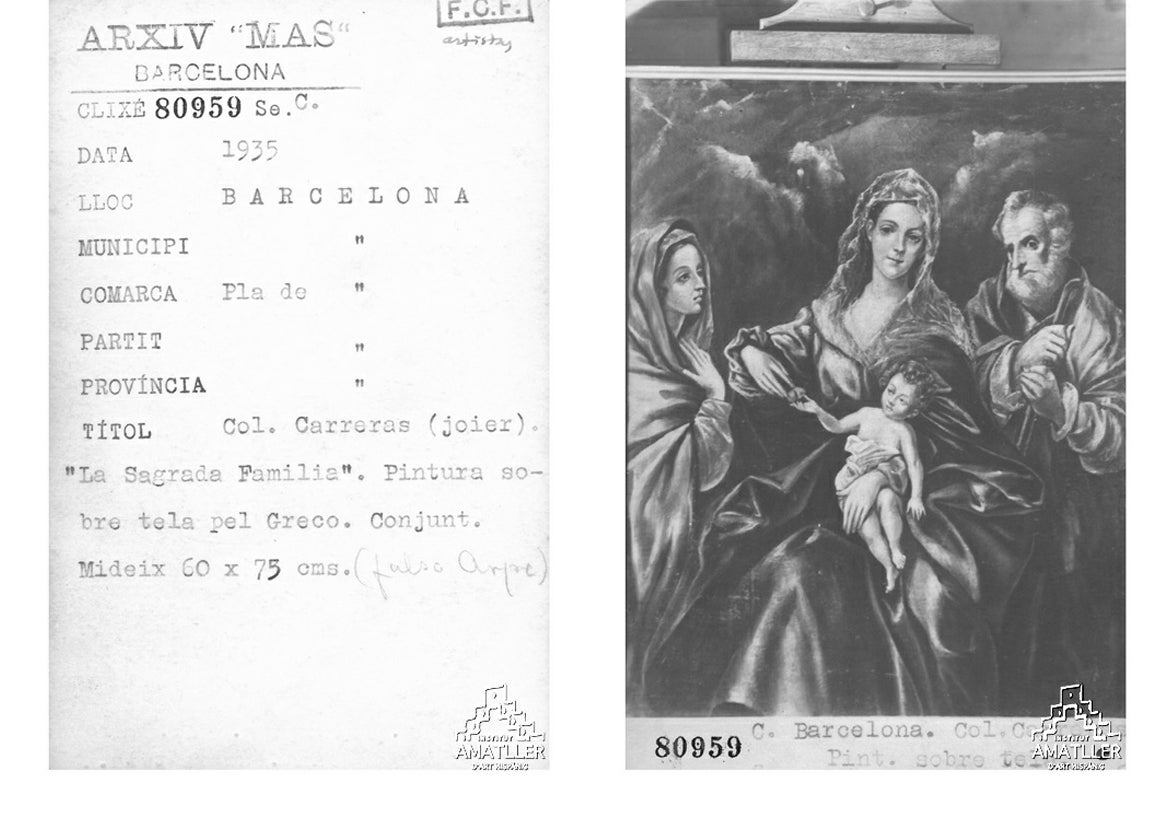Fitxa de la variant de l'obra 'La Sagrada Familia 'del Greco que procedeix de la Col·lecció carreras i que figura a l'Arxiu Mas com a