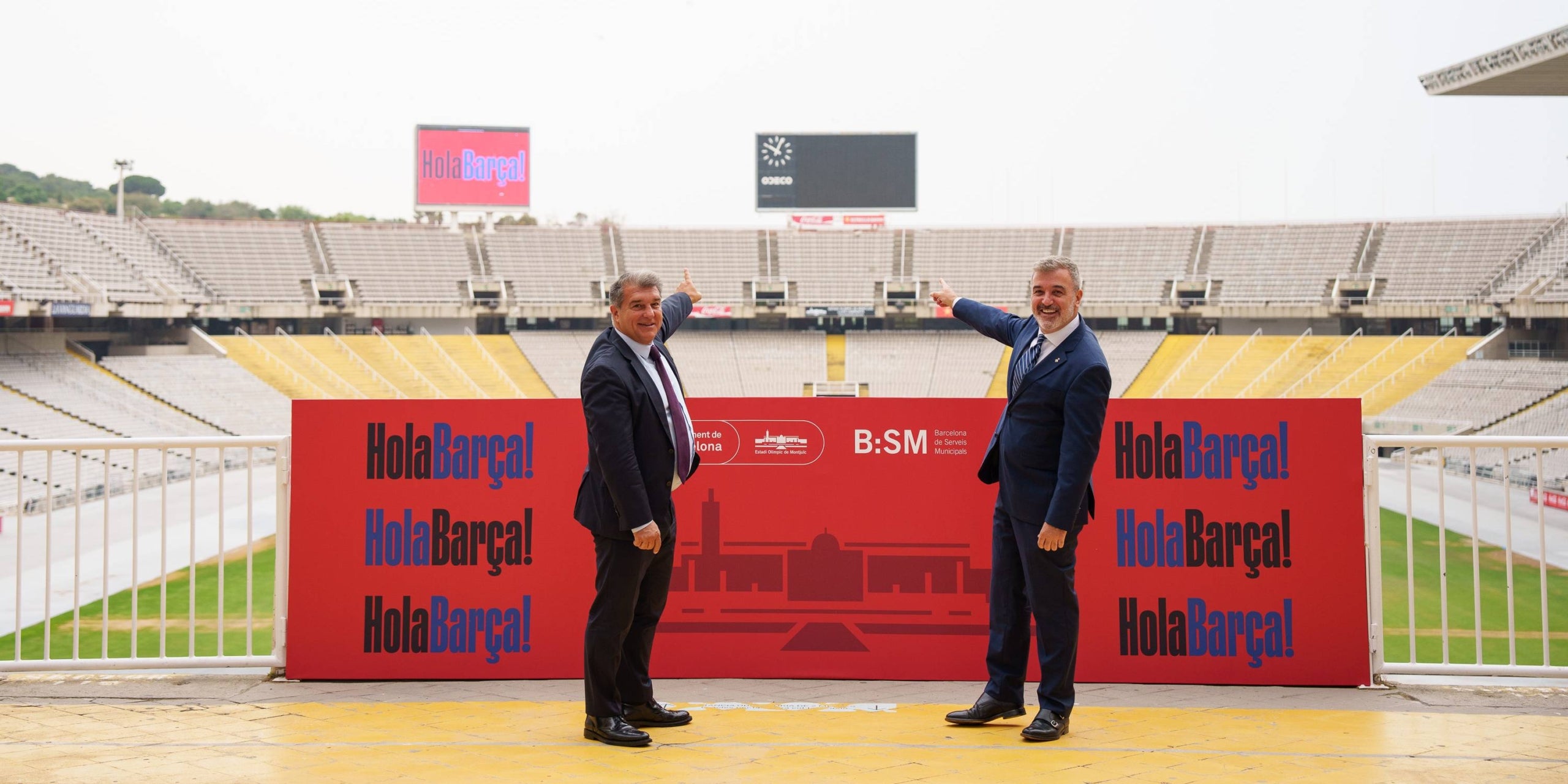 Joan Laporta y Jaume Collboni, en el Estadio Olímpico Lluís Companys de Montjuïc | FC Barcelona