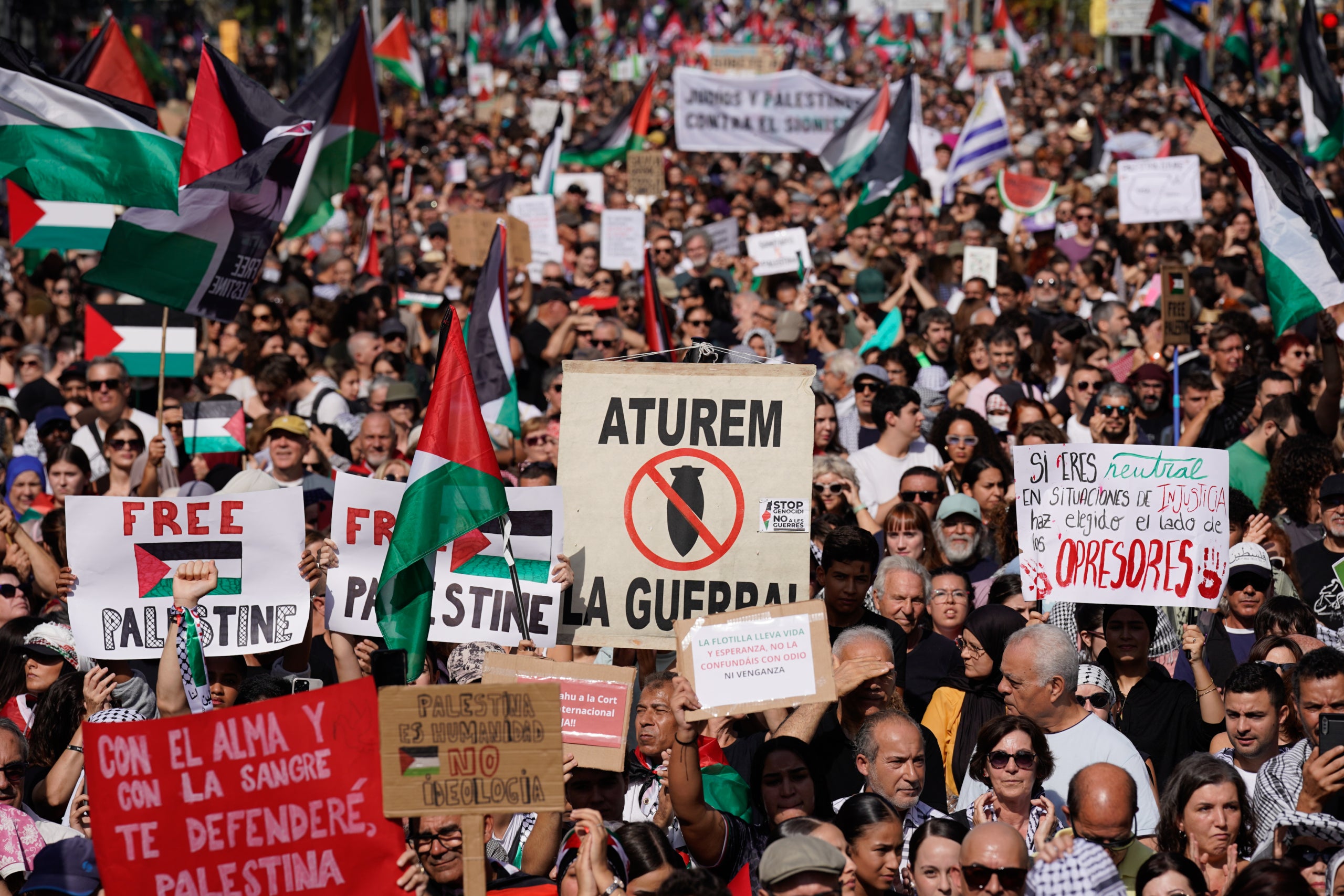 Manifestantes pro Palestina con pancartas en la manifestación de Barcelona del 4 de octubre / ACN
