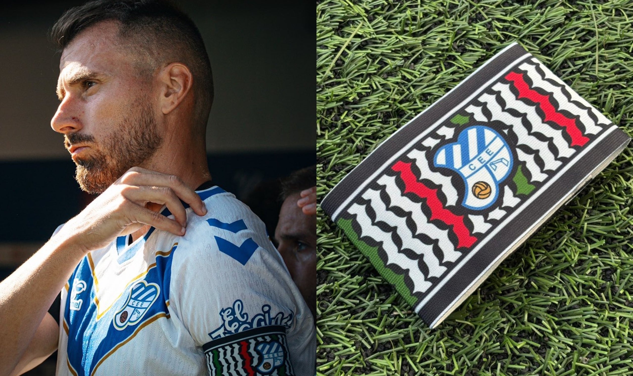 Àlex Cano, con el brazalete con el que ha saltado al campo, a la izquierda, y el brazalete, a la derecha / Club Esportiu Europa