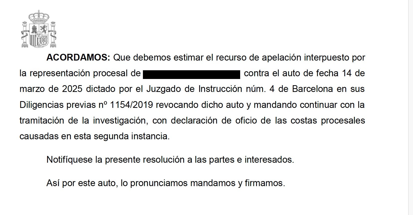 Part dispositiva de la resolució que tomba l'amnistia per un policia investigat per lesions/QS